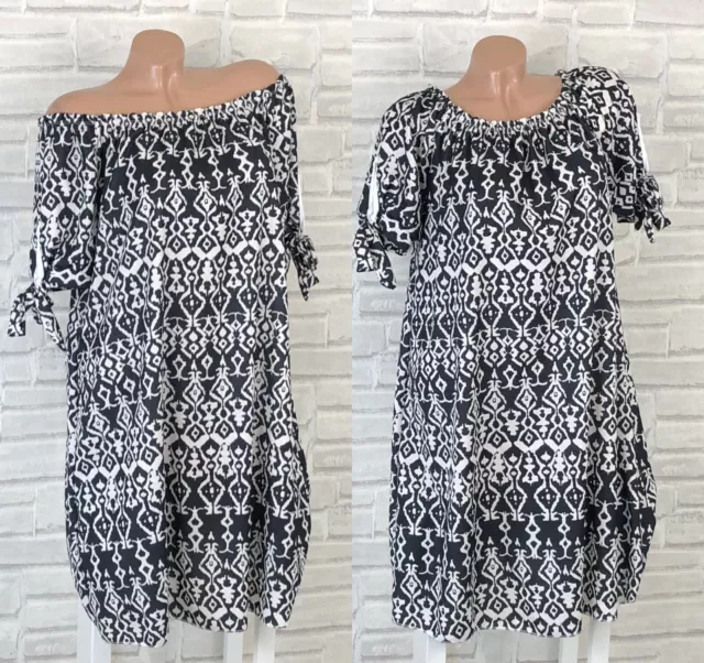 Italy Carmen Kleid Hängerchen Tunika Print BOHO IBIZA 38 40 42 Schwarz T577 NEU