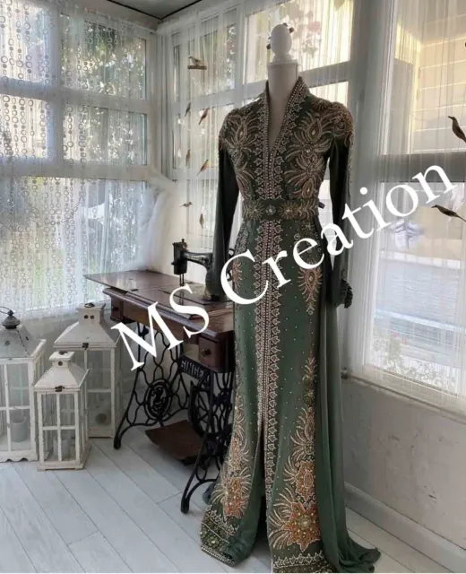 Sale!! Olive Royal African Crystal Work Moroccan Eid Dubai Kaftan Wedding Dress