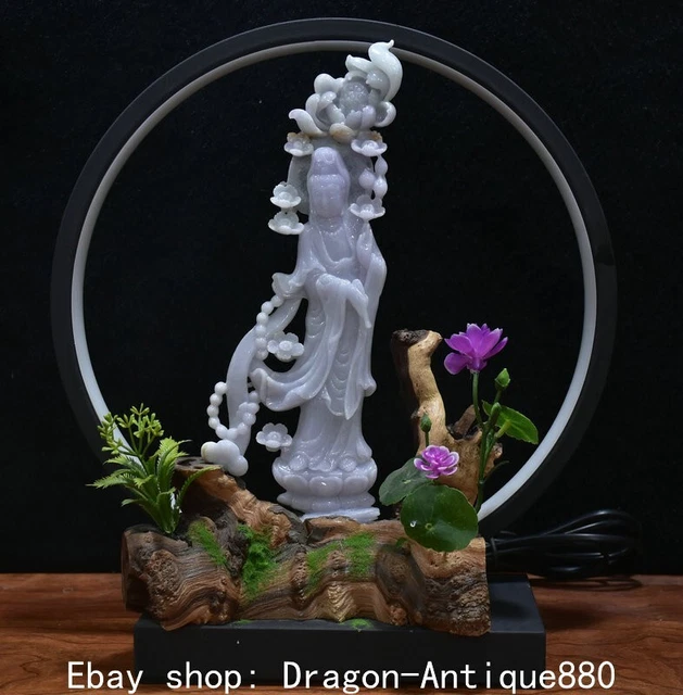12.8" Chinese Natural Jadeite Jade Carved Kwan-yin Guan Yin lotus Goddess Statue