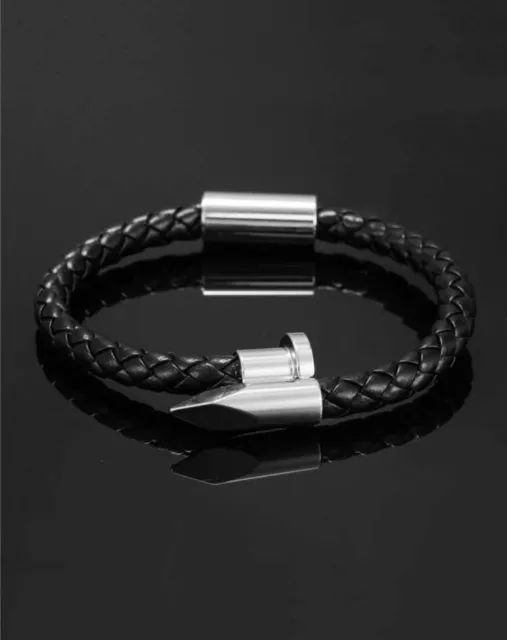 Bracelet Gris Design Clou Acier Inoxydable Torsadé Similicuir Noir Femme Homme