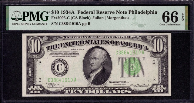 1934 A $10 Federal Reserve Note Philadelphia Fr.2006-C Pmg Gem Unc 66 Epq (910A)