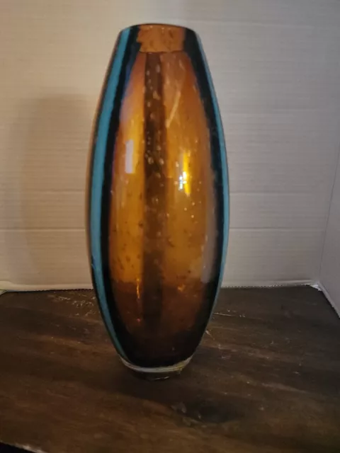Vintage Art Bubble Glass Vase Amber Blue/Brown Striped 10 " Tall Heavy Pier1