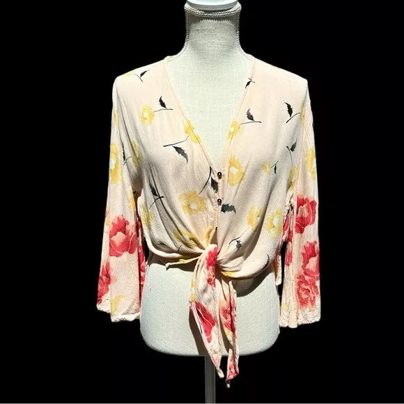 🌻BILLABONG Desert Sunrise Peach Floral Print Button-Up Tie-Front Top Size Small