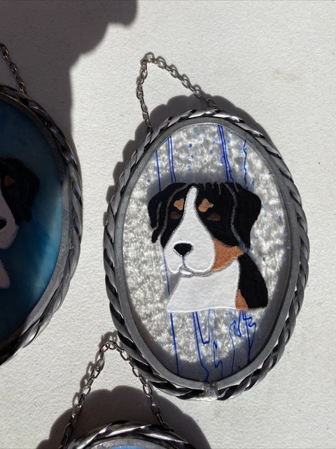 Stained Glass Art Suncatcher Swiss Mountain Dog Streak Blue L