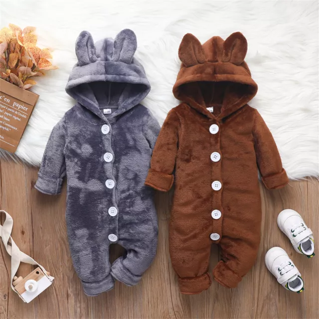 Toddler Kids Infant Girls Boys Cute Soild Fleece Ear Hooded Romper Jumpsuit