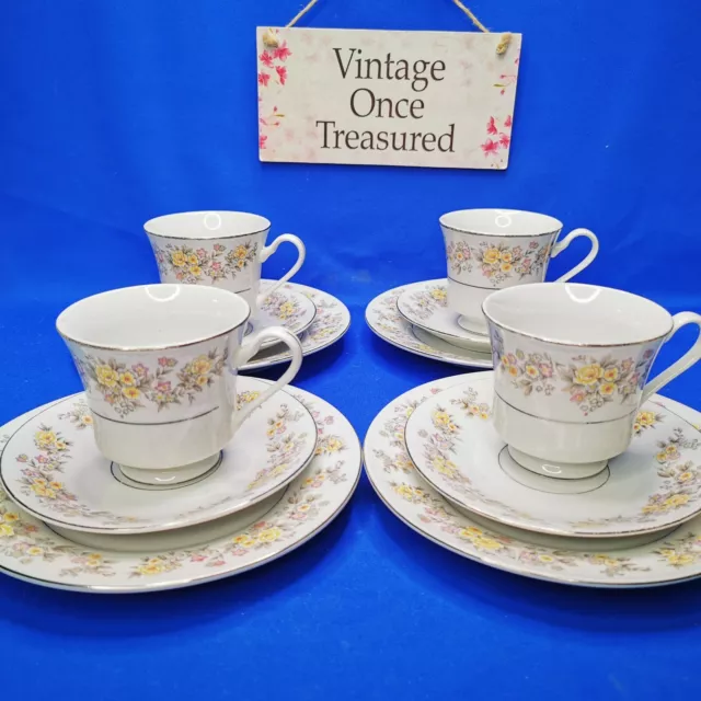 Crown Ming Fine China * 4 x Floral Spray TEA TRIOS (Cups, Saucers, Plates) * GC