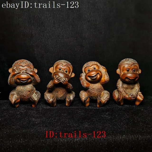 4 Pcs Old Chinese Boxwood Hand Carved lovely Monkey Animal Statue Size 2.5 inch