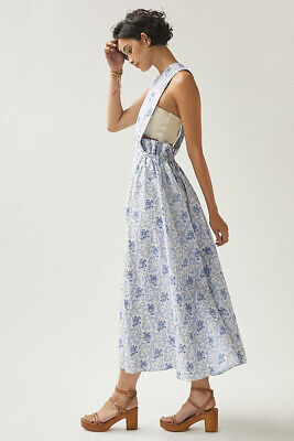 Anthropologie Selkie Blue Floral Maxi Midi Pinafore Dress Cotton NWT S