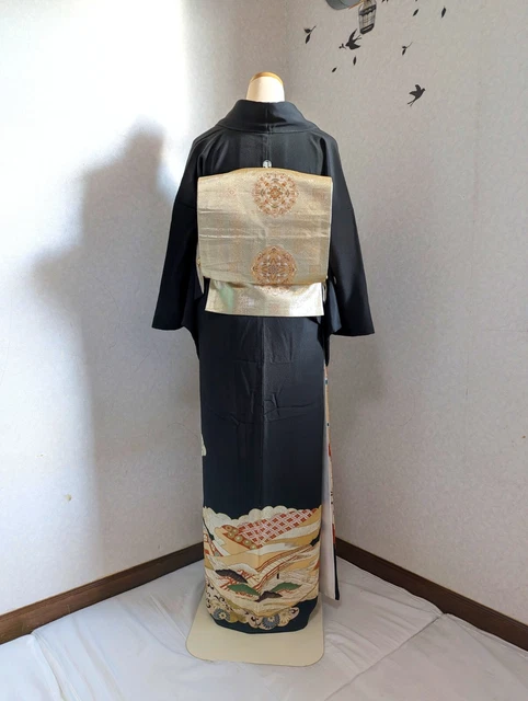 Japanese Kimono Tomesode Antique Silk Fabric Black Floral Peacock Kimono only 4