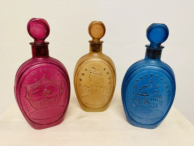 Vintage Ezra Brooks Blue, Pink, Yellow Liquor Glass Bottle Set Of 3 Empty