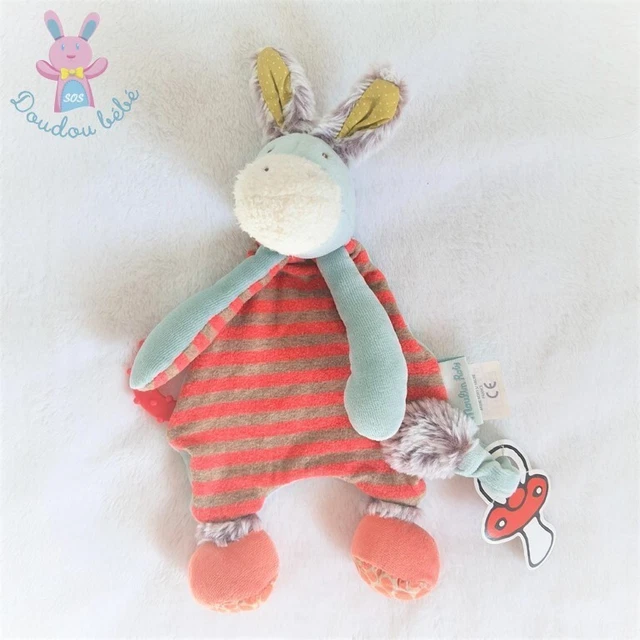 Doudou plat Ane Biscotte et Pompon bleu rayé rouge MOULIN ROTY (2 dispos)