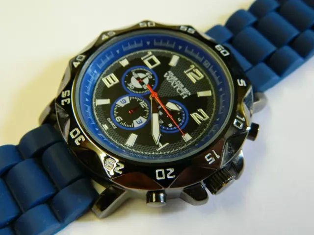 Montre Homme Sport Chrono (décorative) Atlas For Men - Boîtier Noir, Bracelet Bleu - Pile Neuve, Fonctionne - Occasion