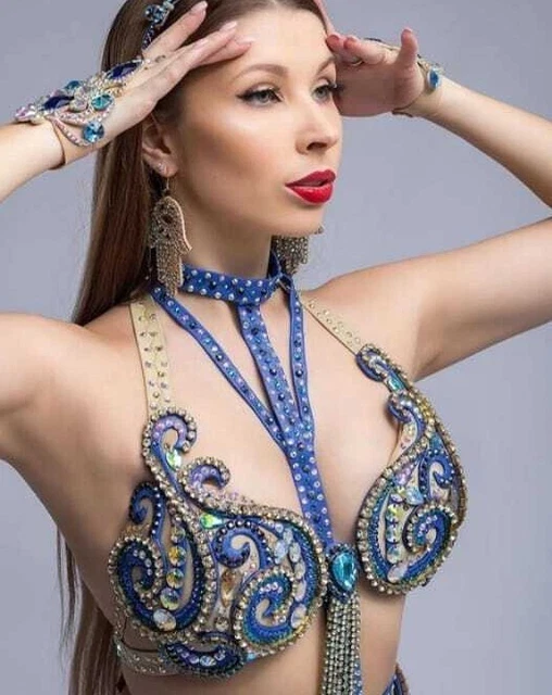 Abdc Blue Belly Dance Costumes Outfit Dress With Accessories Set,