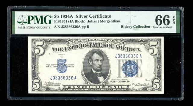 DBR 1934-A $5 Silver Gem Fr. 1651 JA Block PMG 66 EPQ Serial J38366336A