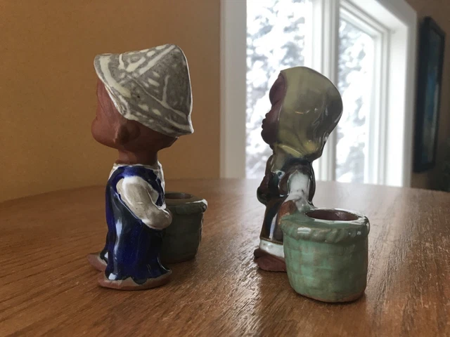 Vintage UCTCI Japan Stoneware Girl & Boy Child Candle Holder Set -Clay Pottery 2