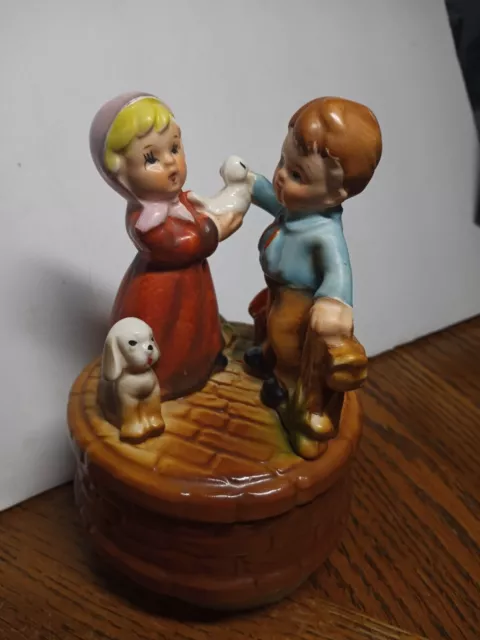 Vintage Boy And Girl Musical Figurine With Dog And  Duck Fence Japan Music Box