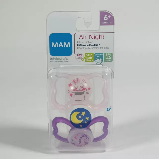 MAM Air Night Pacifiers Glow In The Dark Sterilizing Case 6+ Months Girl Pink