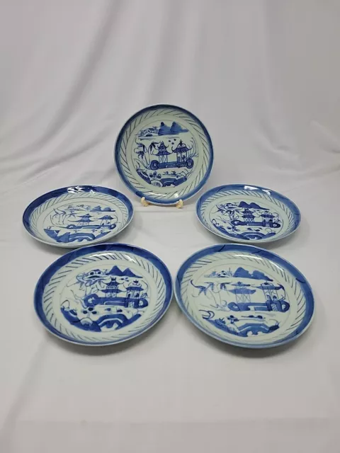 Chinese Export Blue Canton Set 5  Saucers Post 1890 5 3/4"