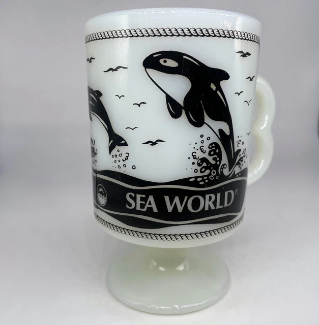 Vintage Sea World Milk Glass Pedestal Mug Coffee Cup Shamu
