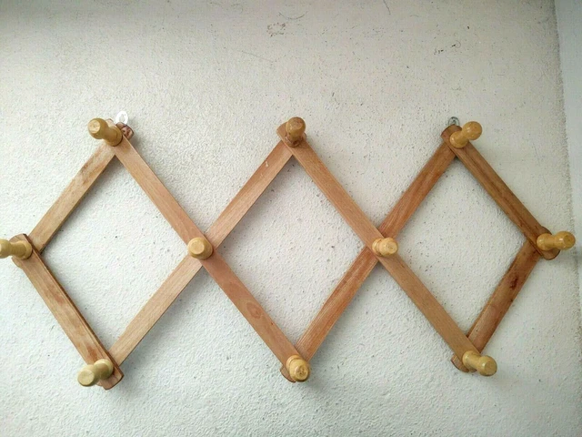 Vtg 10-Peg Brown Wooden Accordion Style Folding Expandable Hat Coat Mug Rack