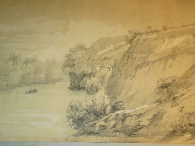 Dessin Aquarelle Original Paysage Rivière Arbres - École Française Début 1900