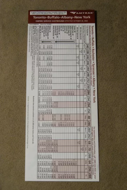 Amtrak - Toronto - Buffalo - Albany - New York - Timetable - Oct 28, 2002