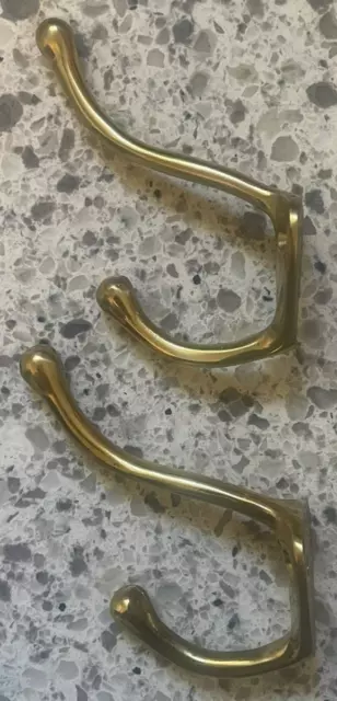 Set of 2 Brass Double Coat Hooks - 2 3/4-inch Extension from wall - NEW