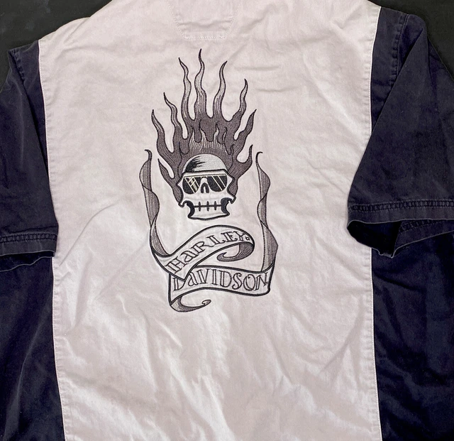 VINTAGE HARLEY DAVIDSON Shirt Garage Work Flaming Skull Embroidered 90s