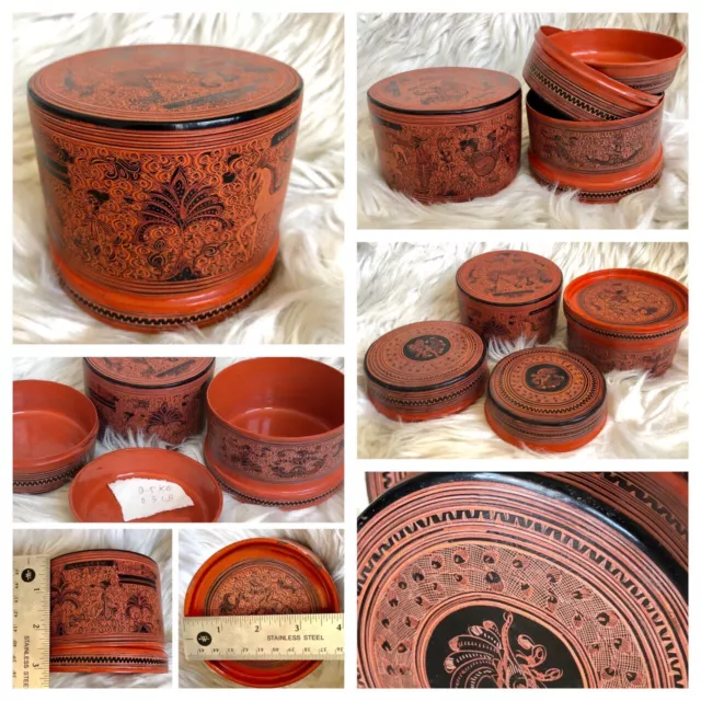 4x3" Asian Antique Burmese betel nut box, Kun it, Burma lacquerware