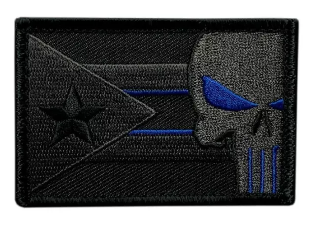 Puerto Rico Flag Skull Thin Blue Line Patch (Hook Fastener 3.0 X 2.0 )