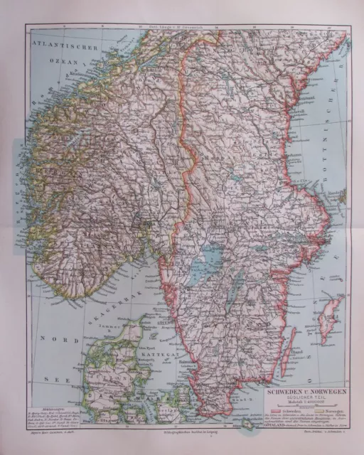 1897 Schweden und Norwegen südlicher Teil - Lithografie alte Landkarte old map