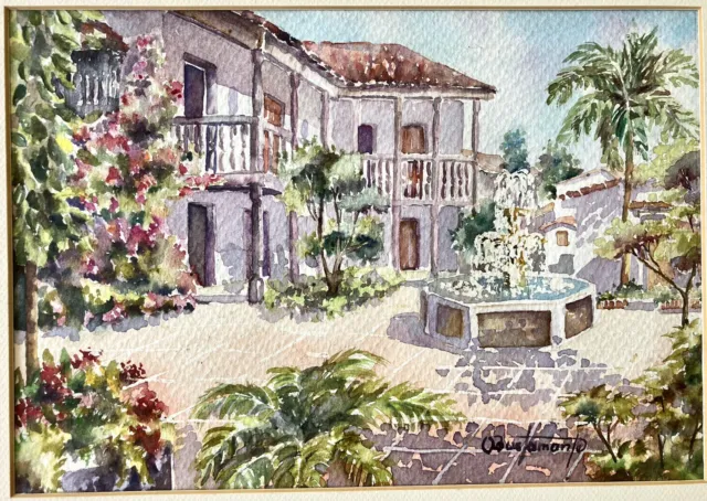 Vintage Bustamante Spanish Villa Watercolor Garden Home Palm Trees Plants House