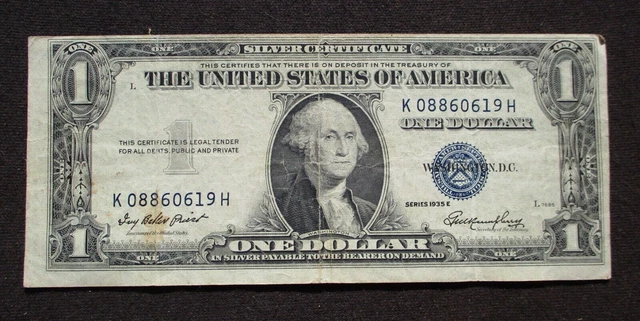 $1 Dollar Silver Certificate United States Note 1935 E Washington K08860619H