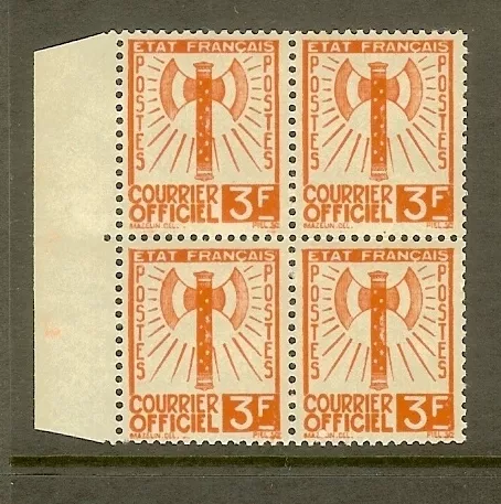 FRANCE STAMP TIMBRE DE SERVICE N°10 "FRANCISQUE 3F ORANGE BLOC DE 4" NEUF xx TTB