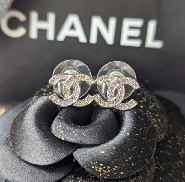 CHANEL AUTHENTIC CRYSTAL & Pearl Classic CC Logo Earrings Silver