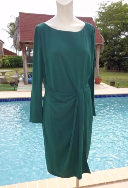 ST.JOHN ‘LUXE CREPE’ FAUX WRAP LONG SLEEVE JERSEY GREEN DRESS,Sz 8 FA 12'