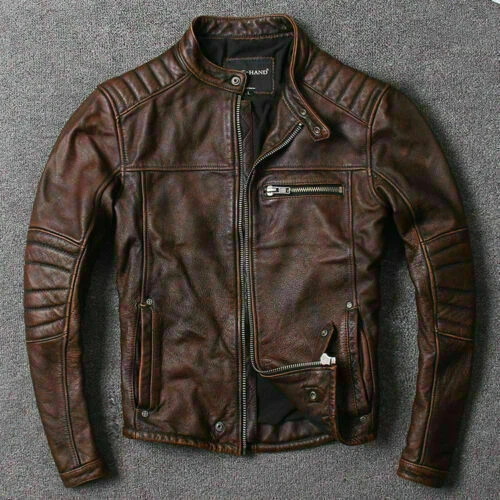 Giacca uomo moto biker vintage cafe racer marrone effetto invecchiato vera pelle