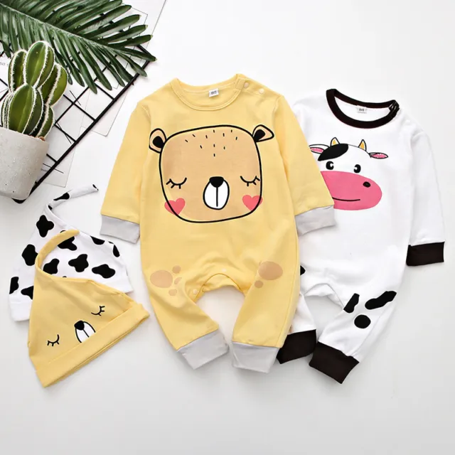 Newborn Baby Boys Girls Infant Cows / Bear Romper w/ Hat Tops Outfit Set Clothes