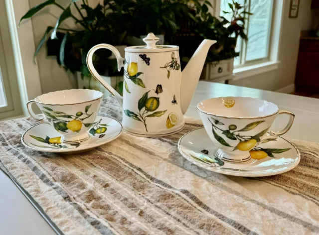 Grace Teaware Fine Porcelain Lemon Bee Coffee Tea Pot With Teacups & Saucers NEW