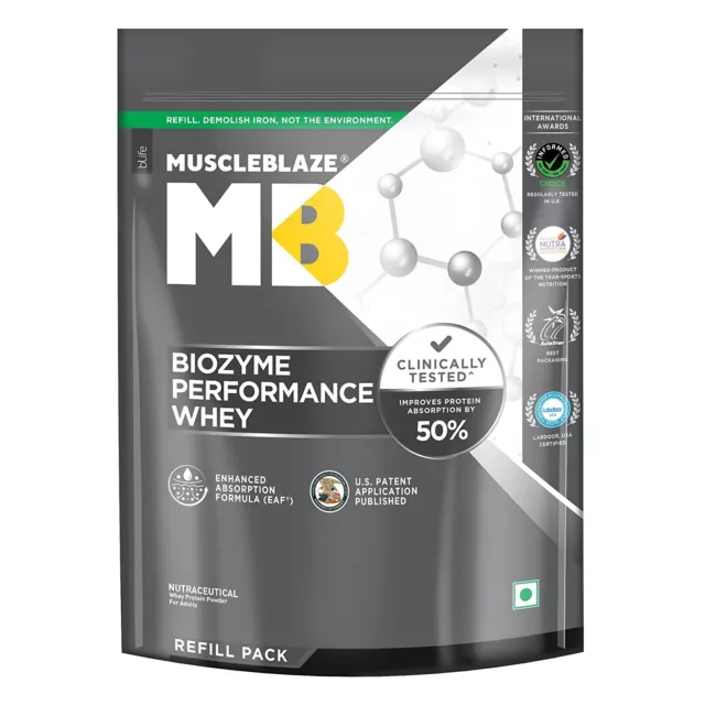 Proteína de suero de rendimiento MuscleBlaze Biozyme | paquete de recarga de 1 kg y envío gratuito