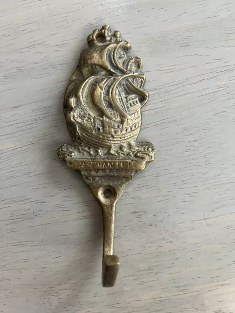 Vintage Bath Robe Coat J Hook Key Hanger Solid Brass Nautical Sailing Ship Boat