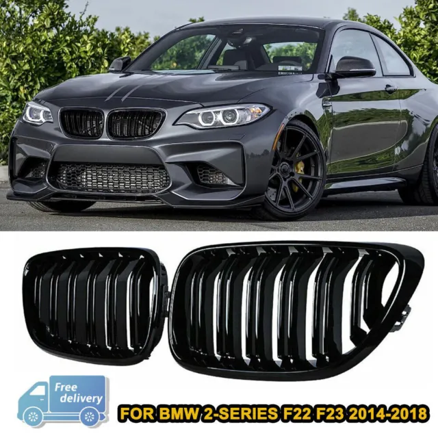 Pair Front Kidney Grille Grill M2 Style Glossy Black For BMW 2-Series F22 F23