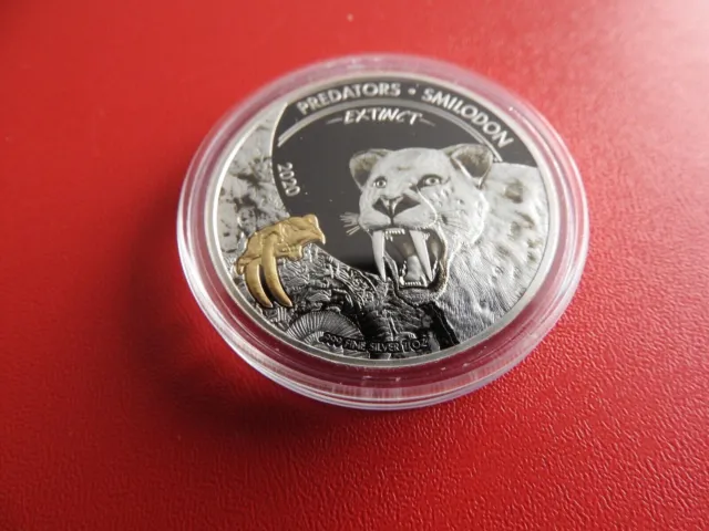 2020 Congo Silver Coin Smilodon Prehistoric Animal Gold Gilded Big Cat Predators