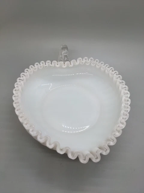 Fenton Silver Crest White Milk Glass Heart Shaped Bowl Candy Trinket Dish