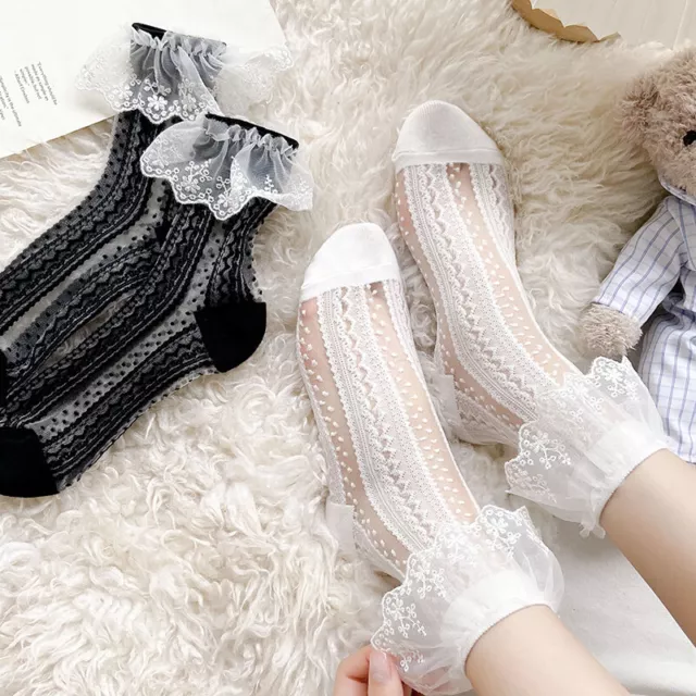 2 Paia Donna Pizzo Increspato Calzini Caviglia Frilly Fiocco Semitrasparente
