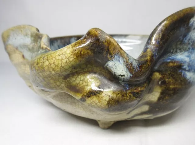 G1847: Japanese old CHOSEN GARATSU pottery ware warped bowl with wonderful glaze 2