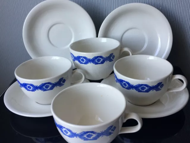 4x Vintage TAMS Tea Cup and Saucer Set Ceramic White Blue Cups, Saucers 200ml
