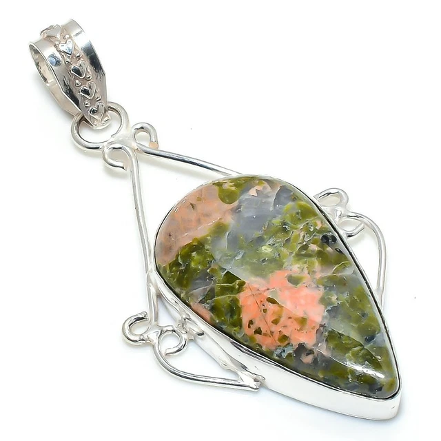 Pendentif Ancien En Argent 925 Avec Pierre Unakite Verte - Fait Main, Gravé, Certificat Inclus