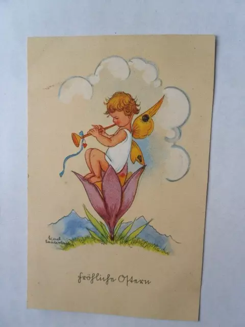 AK Frohe Ostern Engel in Blume spielt Flöte 1935 Glückwunsch Liesel Lauterborn