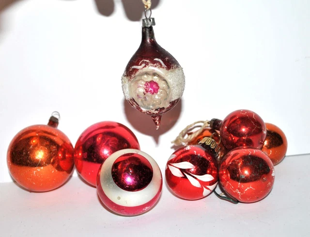 LOT 9 BOULES de Noel anciennes verre soufflé rouge orange peinte